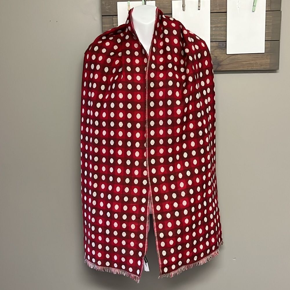 Talbots Women’s Red Cream Polka Dot Wool Blend Fashion Scarf Fringe 75”, 17.5”